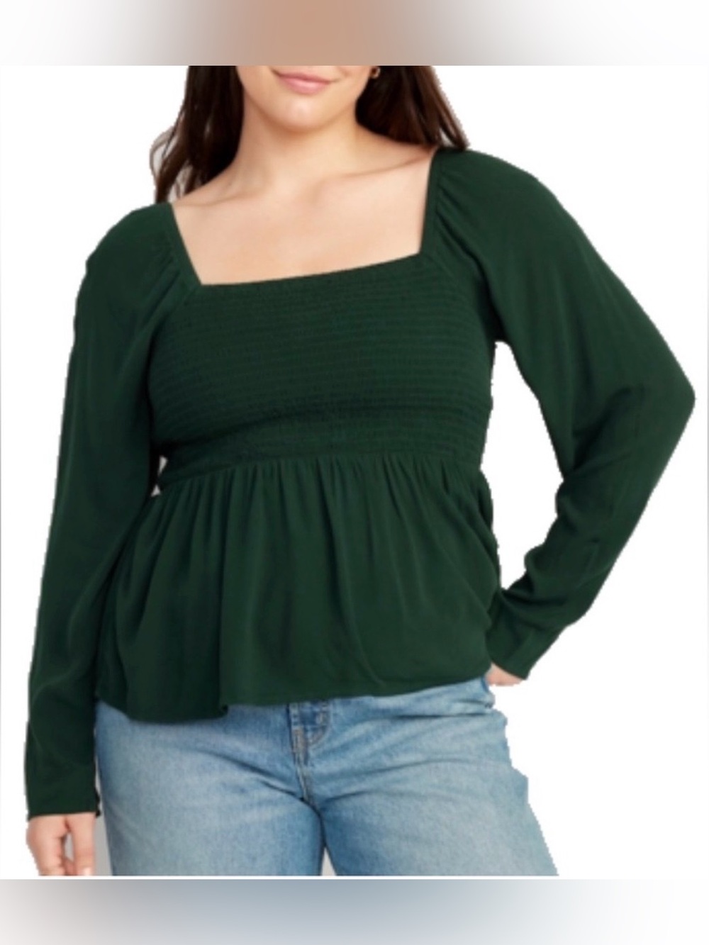 Dark Green Smocked Square-Neck Women’s Top - Old Navy